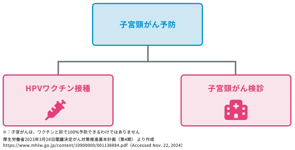 図：子宮頸がん予防には、HPVワクチン接種と子宮頸がん検診が重要です